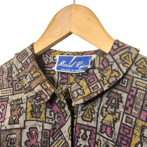 Vintage Muriel Ryan Division of Serbin Tiki Print Button Up Shirt Dress Pockets - Picture 2 of 7